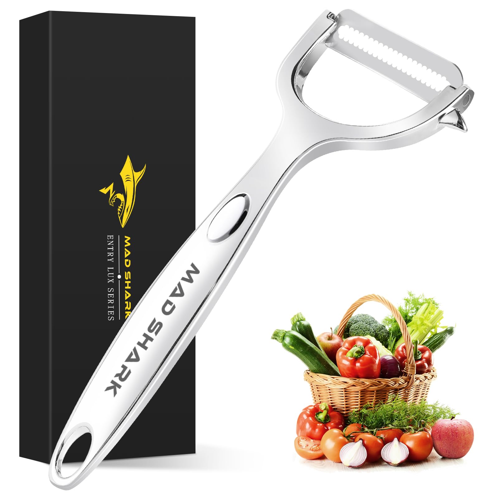 MAD SHARK Sparschäler Y-Form - Kartoffelschäler aus rostfreiem 304 Edelstahl mit rutschfestem ergonomischem Griff - Extrascharf für Karotten, Obst & Gemüse - Spülmaschinengeeignet