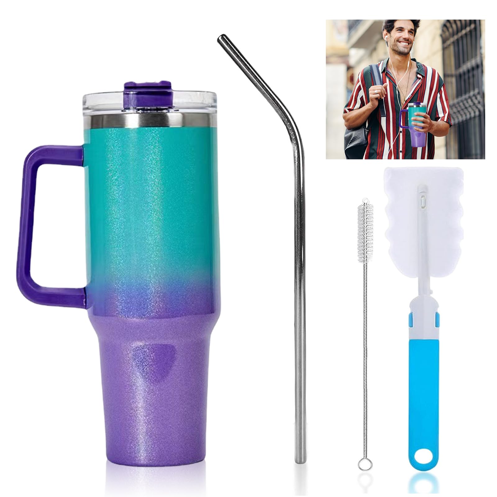 YOYIAG 40oz Insulated Tumbler with Handle Reusable Insulated Coffee Cup with Stainless Steel Straw, Car Water Bottle