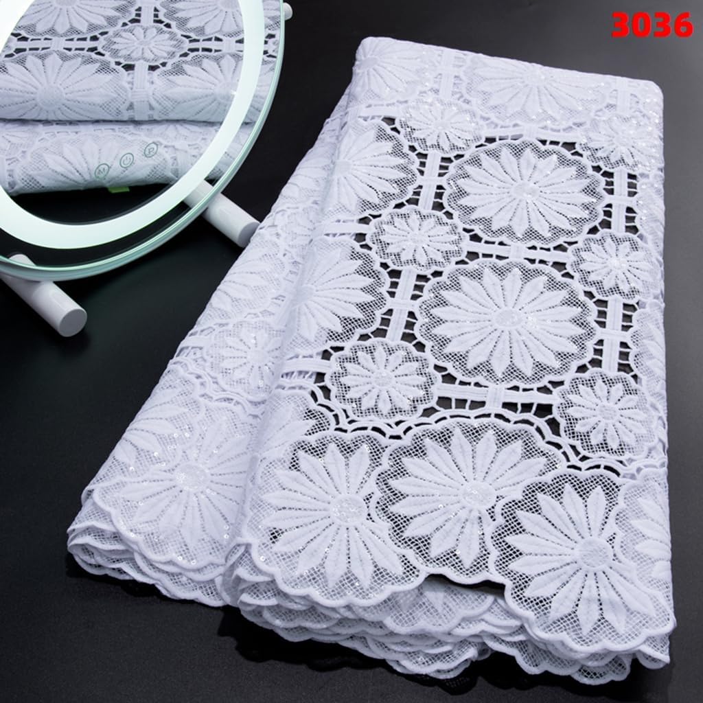 African Lace Fabric 5 Yards, French Jacquard Embroidery Water Soluble Solid White Lace Fabric for Party Wedding Dress