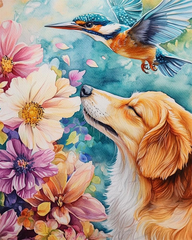 Henypt Cross Stitch Kits for Adults,Dog and A Kingfisher Easy Counted Pre Printed Stamped Embroidery Set for Adult, 11Ct Cross Stitch Patterns, Advanced Embroidery Beginner Starter Set