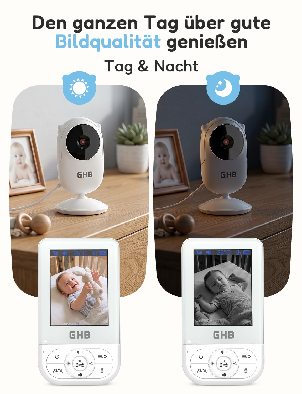 GHB Babyphone mit Kamera Baby Monitor 2,8 Zoll mit Nachtsicht VOX Schlaflieder Gegensprechfunktion Temperatursensor Max. 4 Kameras Unterstützt Weiß