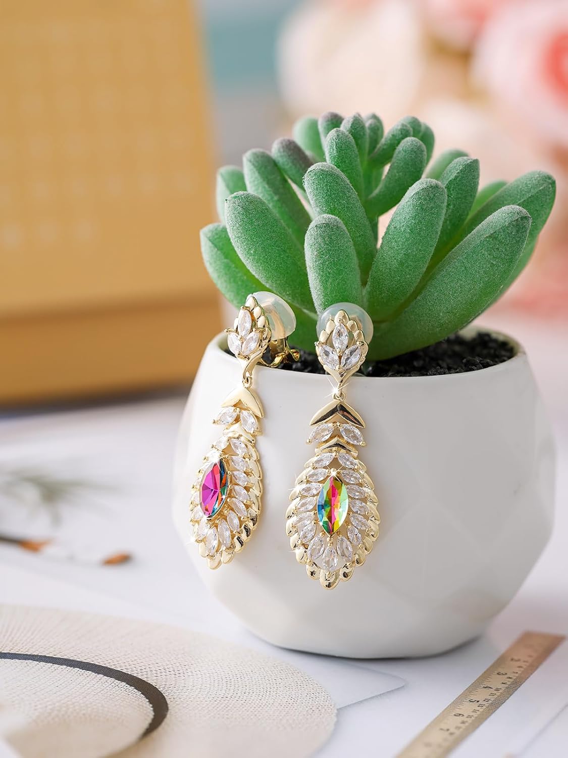 Clip On Crystal Dangle Non Pierced Earrings for Women 14K Gold Plated Jewelry - Image 6