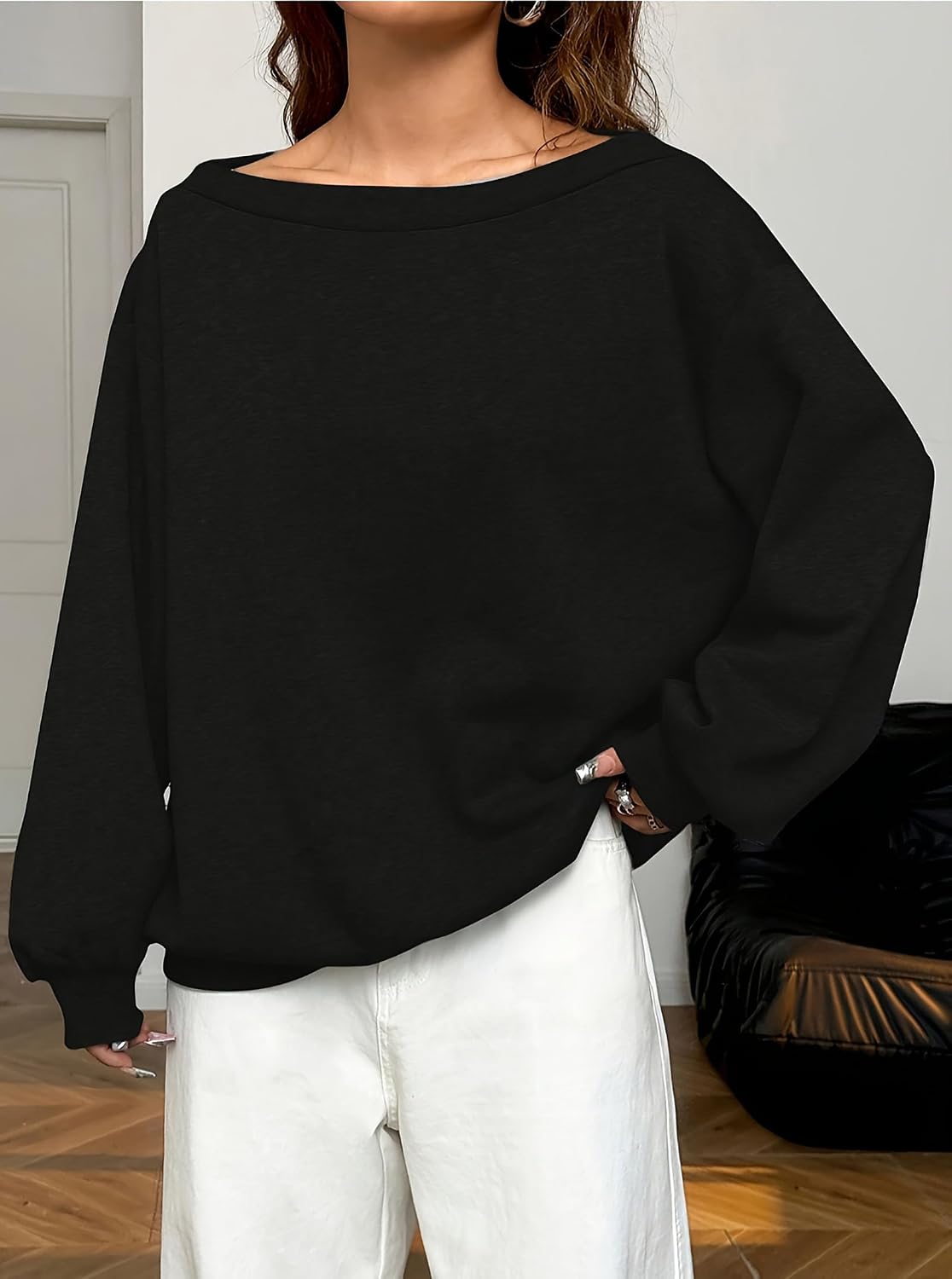 HDQHDQ Womens Fleece Lined Sweatshirt Off Shoulder Long Sleeve Tops Casual Loose Oversized Shirt