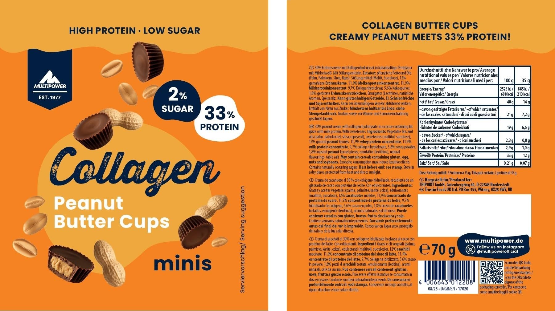 Multipower Collagen Peanut Butter Cups (70 g) – High Protein Süßigkeiten mit 10% Kollagen & 33% Protein, Low Carb & zuckerarm