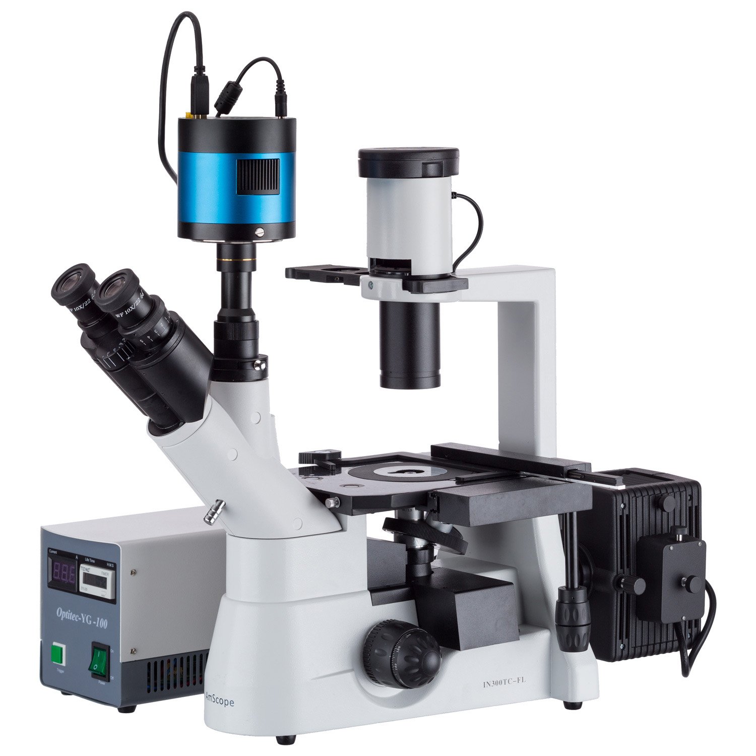 AmScope IN300T-FL-MF603 40x-1000x Inverted Plan Fluorescence Microscope + CCD Low-light Camera