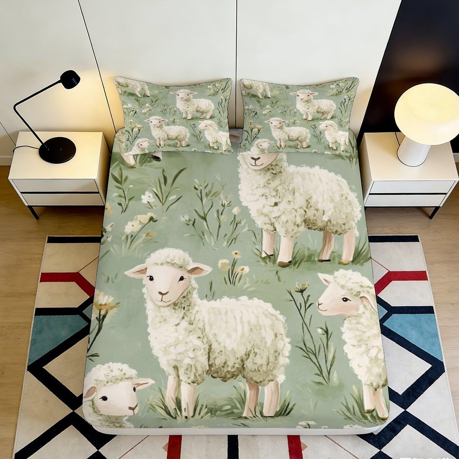 3D Printed Pastoral Lamb Fitted Sheet Microfiber Soft Anti-Slip Meadow Sheep Mattress Cover Bedroom Decor 90x200x25cm
