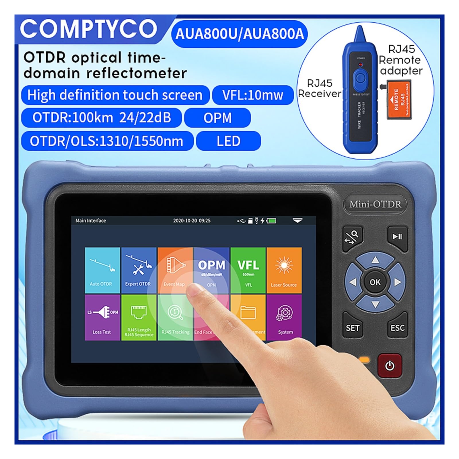 Probador de Fibra Óptica, MINI OTDR 1310/1550nm 26/24dB Reflectómetro de fibra óptica, pantalla táctil VFL OLS OPM Event Map Ethernet Cable Tester(AUA800A 1310 1550nm)