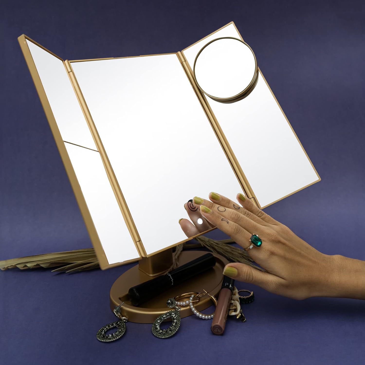 STELLIFEROUS Acrylonitrile Butadiene Styrene (Abs) 10X Trifold Mirror With Adjustable Led Lights 2X, 3X, Magnifying Dual Power And Salon (Champagne Goldrectangular, Tabletop Mount) STELLIFEROUS Acrylonitrile Butadiene Styrene (Abs) 10X Trifold Mirror With Adjustable Led Lights 2X, 3X, Magnifying Dual Power And Salon (Champagne Goldrectangular, Tabletop Mount)