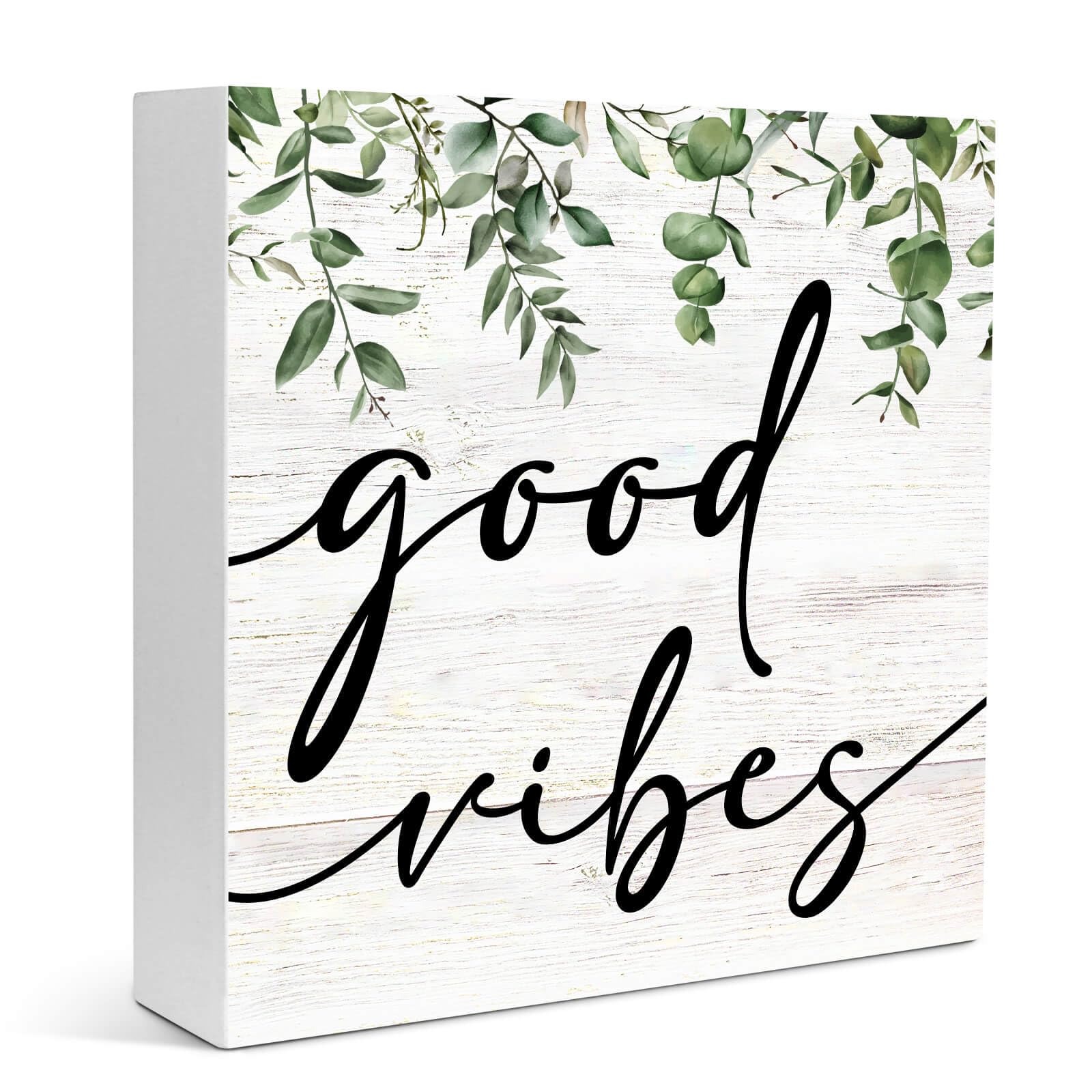 Good Vibes Botanical Eucalyptus Leaves Wood Box Sign Desk Decor, Good Vibes Sign,Inspirational Wooden Box Sign Decoration For Home Office Shelf Table Decor 6" x 6"