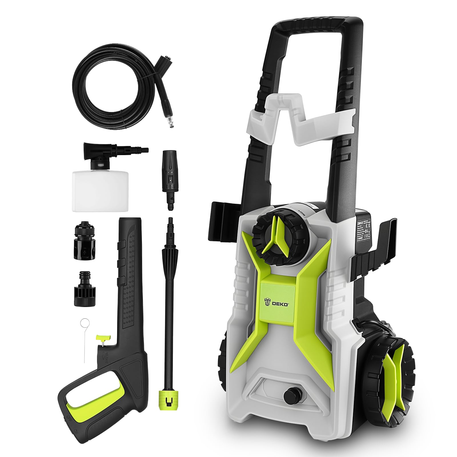 DEKOPRO Hidrolimpiadora de 1650W Aplicable para El Hogar, El Jardín O El Coche, con Un Caudal de 300 L/h, Una Presión de 135 Bares, y Equipada con Conectores Rápidos y Boquillas Regulables