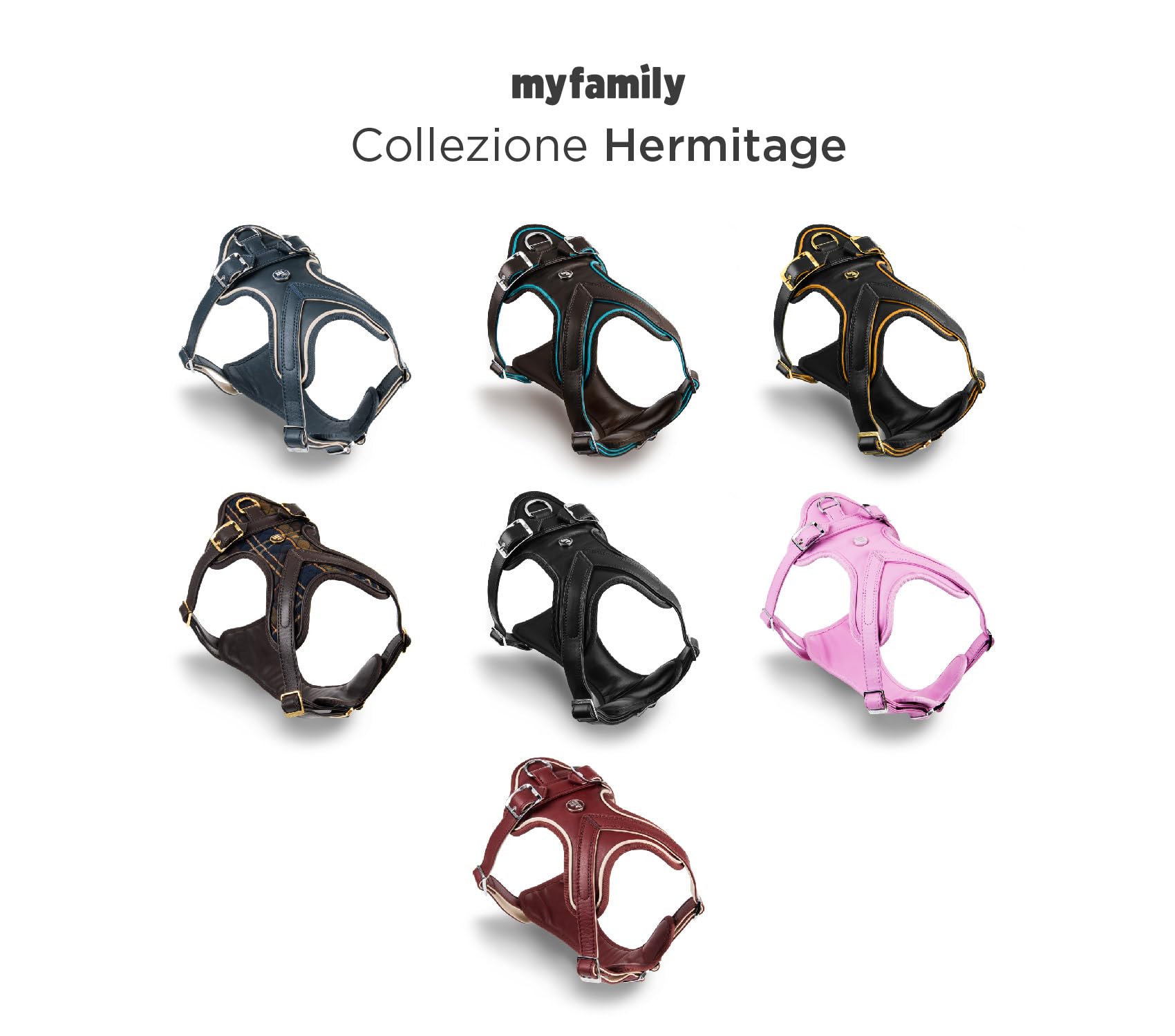 MyFamily Pettorina Cane in Vera Pelle Made in Italy, Finiture Metalliche Placcate in Oro 24K, Abbraccio ad H, Collezione Hermitage