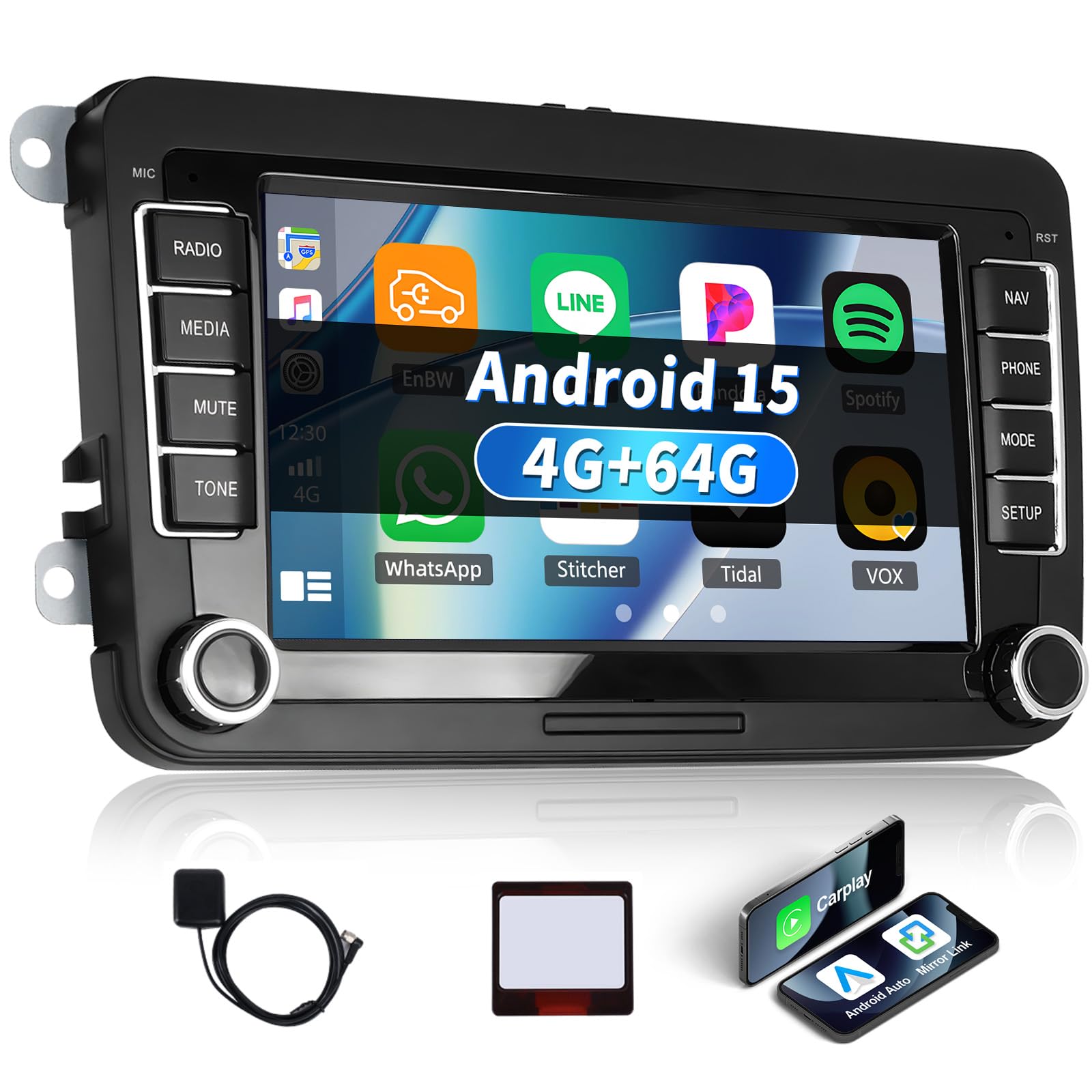 Android 15 4G+64G GOHHDL Autoradio 2DIN avec Navi pour VW Golf 5 6 Polo Touran, grand écran tactile 7 pouces avec GPS Na