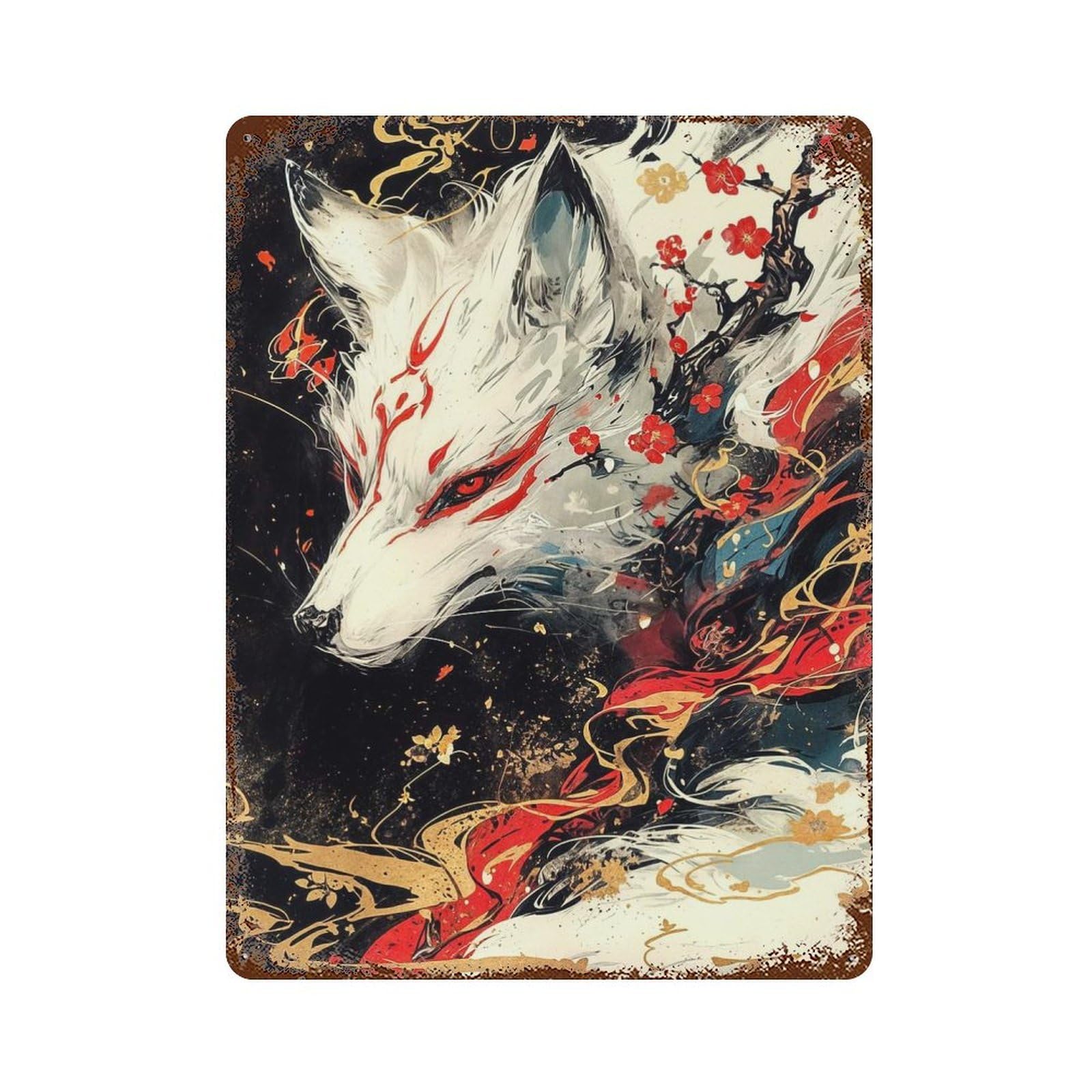 Kitsune Fox Painting Retro Metal Sign 15.7"x11.8", for Bistro, Counter And Cafe Decor, Rustic Home Decor