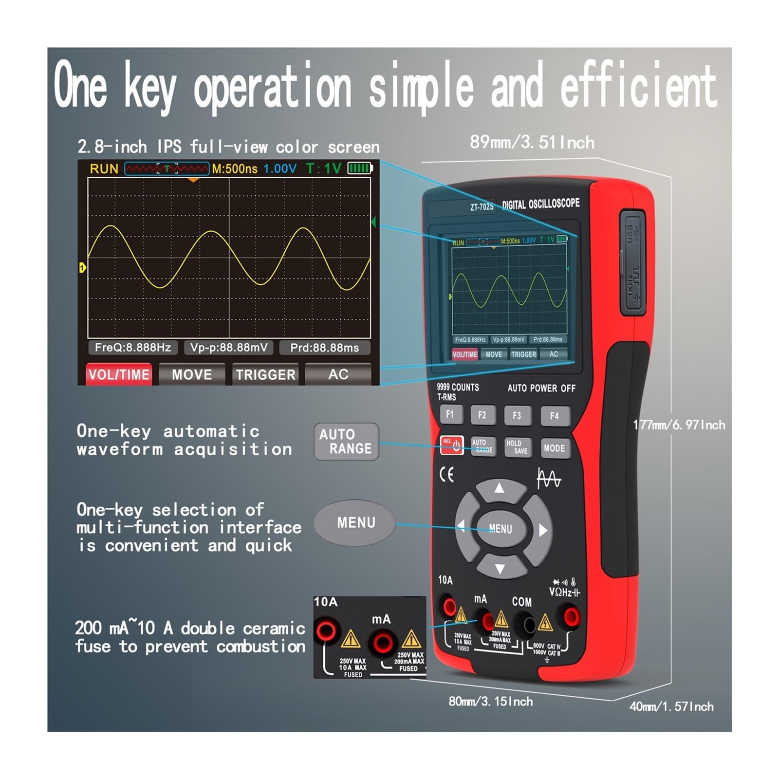 Osciloscopio Digital portátil for automoción ZT-702S 2 en 1, con Canal único, Ancho de Banda de 10 MH/Z y Longitud de Registro de 64 KB