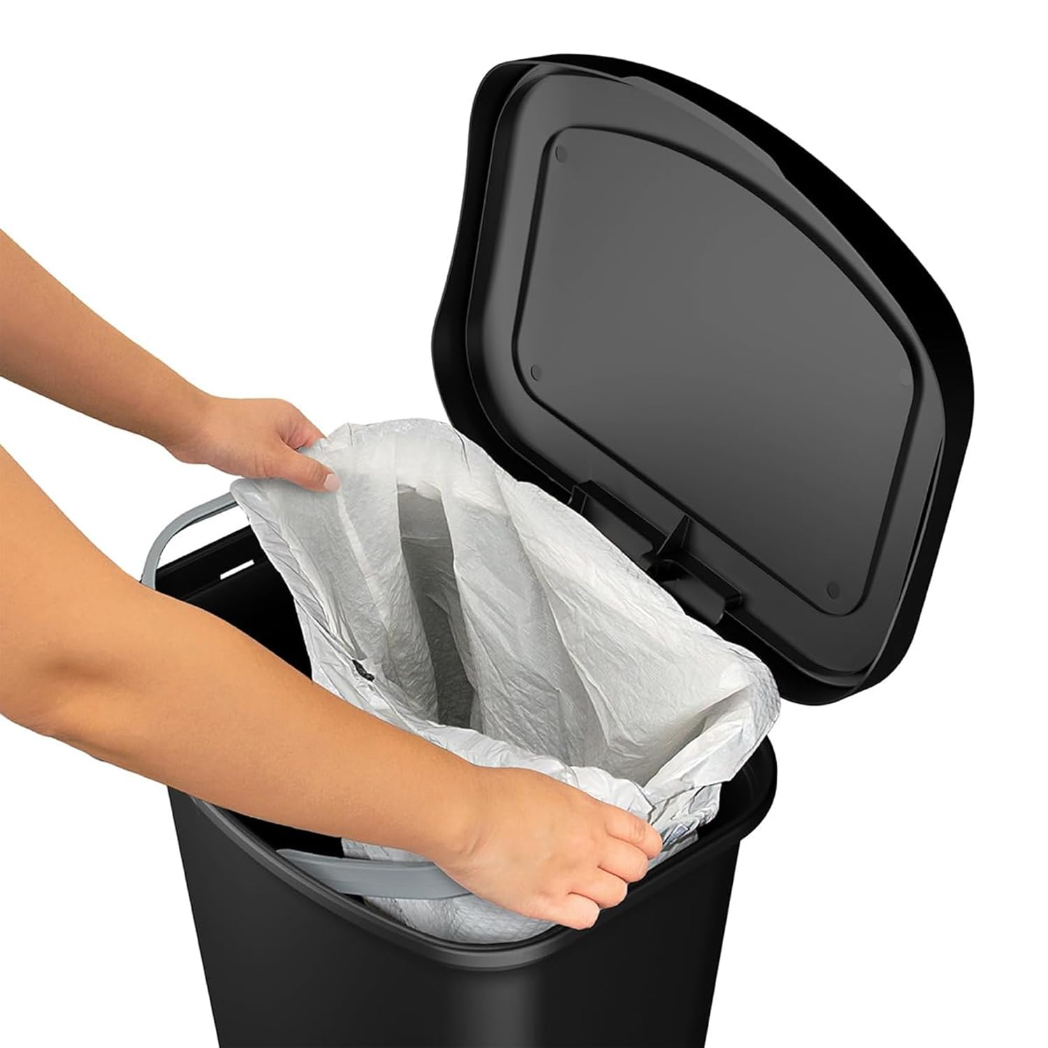 Glad Premium 13 Gallon Trash Can - Plastic Kitchen Waste Bin with Odor Protection of Lid, Stainless Steel Step On Foot Pedal and Garbage Bag Rings, Black