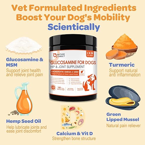 Miniatura 3 de NATURE TARGET Glucosamina para perros - Suplemento de cadera y articulaciones para perros, 180 masticables crujientes, glucosamina condroitina,