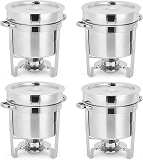 Commercial 7QT Soup Chafer Set, 4 Pack Stainless Steel Round Food Warmers Set with Pot, Notched Lids & Fuel Containers, Soup Warmers Ideal for Buffet Service & Event Catering