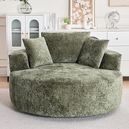 Swivel Accent Barrel Chair Oversized Modern Akili Upholstered Sofa Lounge Club Leisure Chair Round Chair for Hotel Living Room (Green Chenille)