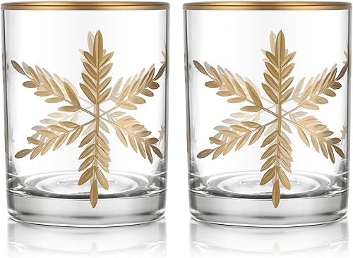 Joeyan Vasos de whisky grabados a mano, vasos de cristal a la antigua moda con patrón de nieve, copas de borbón escocés talladas con borde dorado,