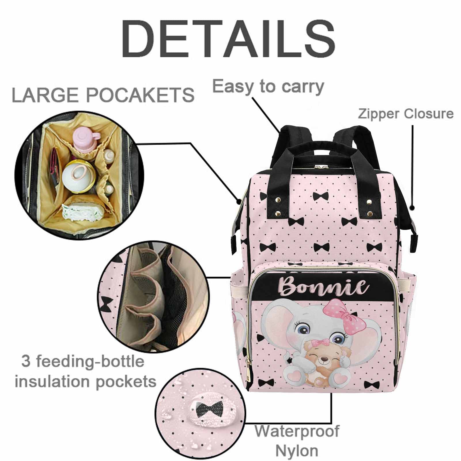 M YESCUSTOM Diaper Bag Personalized Name Mommy Bag Custom Polka Dot and Bow Baby Bag Customized Gift for Newborn Pink