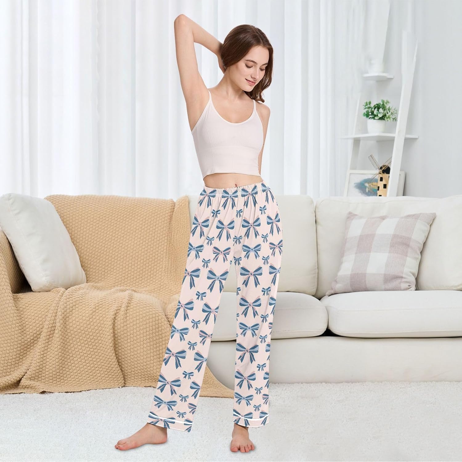 Pajama Pants Women Blue and Pink Bows Soft Sleep Lounge Pj Bottoms with Pocket S-XXL