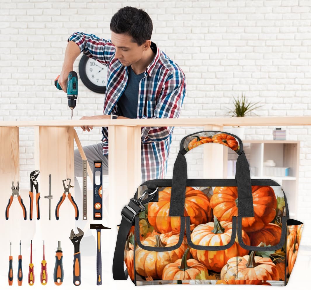 Funny Cute Pumpkins Tool Bag with Multi-Pockets Wide Mouth Tool Tote Bag for Women and Men Waterproof Tool Organizer Storage Bag with Adjustable Shoulder Strap and Ergonomic Handle