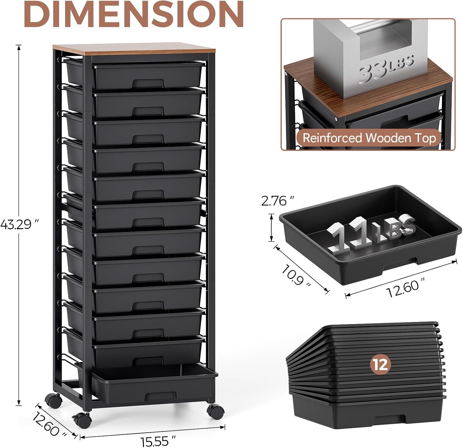 Rolling Cart with Drawers,12 Drawer Rolling Cart,Rolling storage cart with drawers,Black Rolling Drawer Cart,Teacher Rolling Cart for Classroom Storage,Craft Cart with Wooden Tabletop