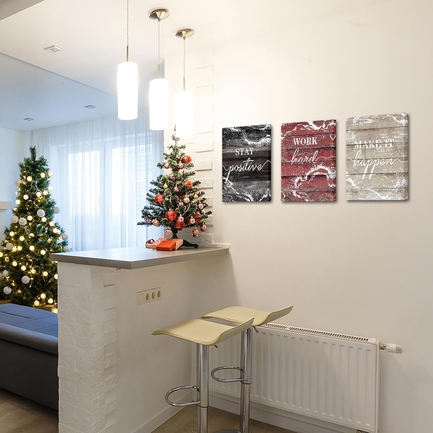 LevvArts Inspirational Wall Art Stay Positive Work Hard Make It Happen Sign Painting Decor Rustic Wood Background Picture Canvas Prints (Red) - Image 3