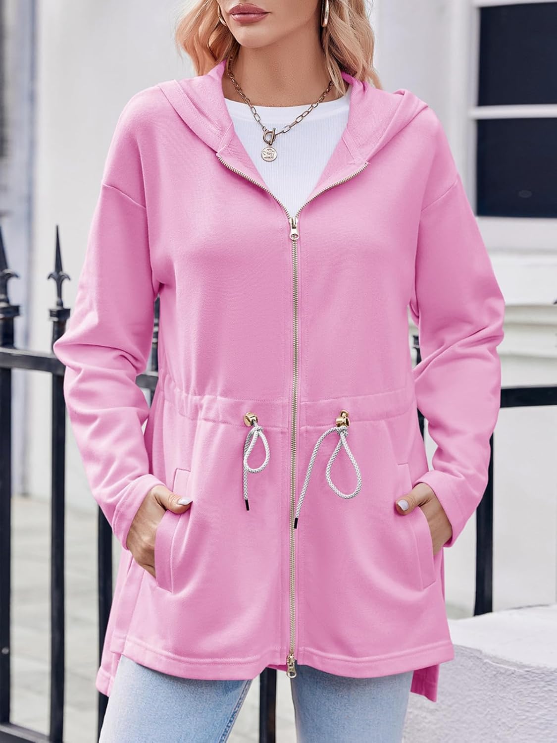 Fisoew Women's Zip Up Hoodie Sweatshirts Oversized Long Sleeve Casual Drawstring Waist Side Slit Tunic Tops Pink - Image 2