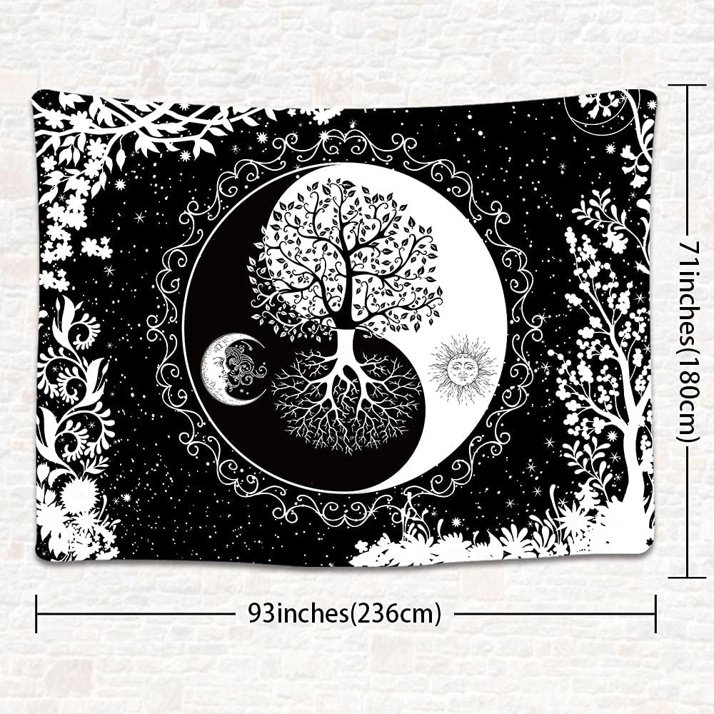 UHOMETAP Sun and Moon Wall Hanging Tapestry Yin Yang Art Tree of Life Bohemian Hippie Black White Wall Decor Blanket for Living Room Bedroom Dorm 93x71 Inches GTQQUH1003