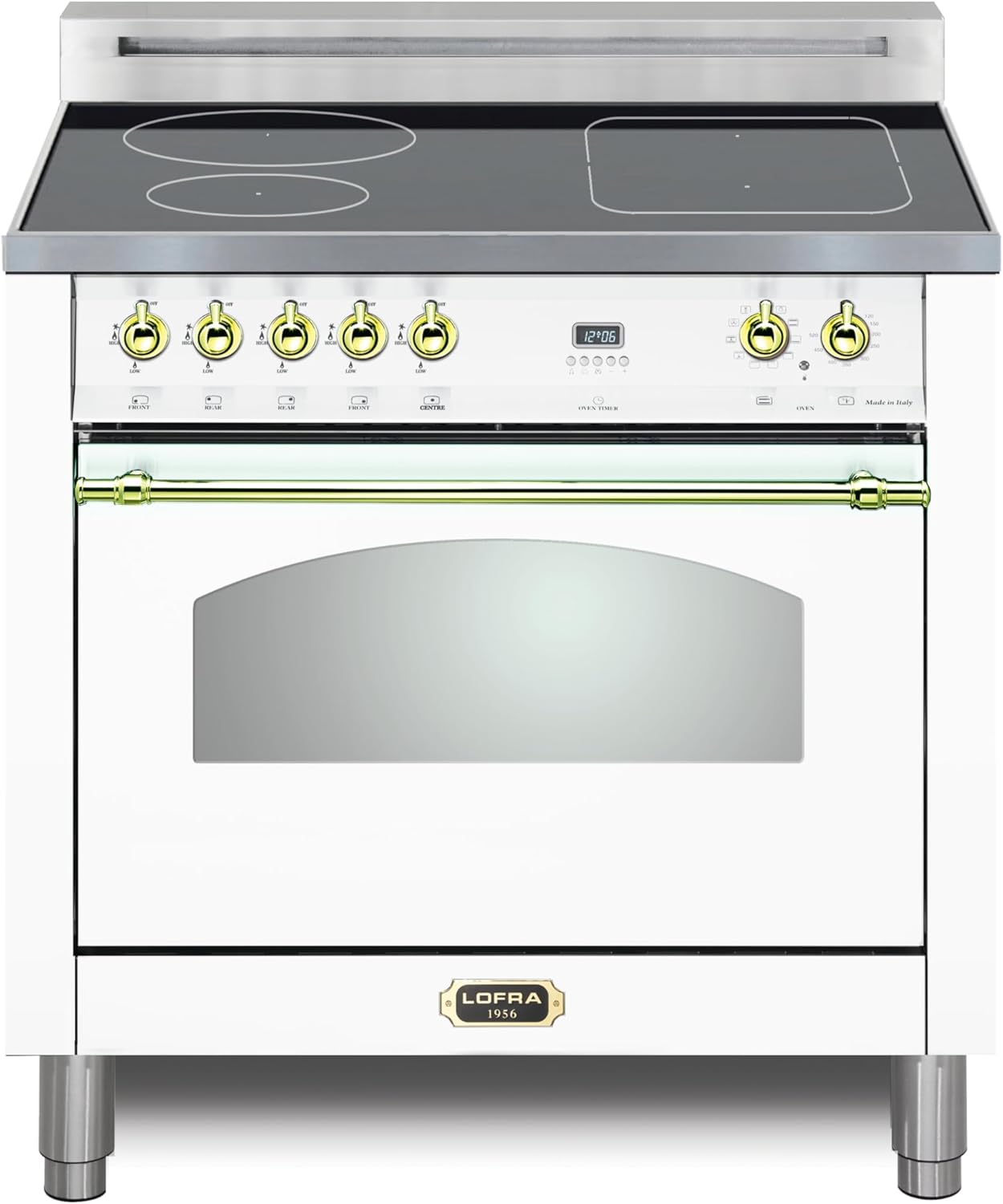 Lofra DolceVita Series 30 Inch Induction Freestanding Range Oven Stove, 4 Heating Zones,1 Bridge Zone, Power Boost, Convection, 9 Cooking Modes, Knobs and Handrail in Brass, White