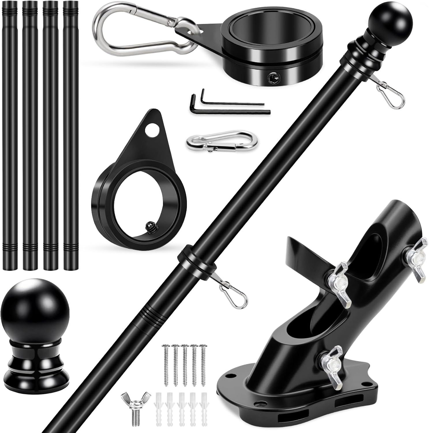 REERON House Flag Pole, 5 FT Metal Spinning Flag Poles Kit, 1" Tangle Free Stainless Steel Flagpole with 360° Flag Rings & 2-Position Holder Bracket for Outside House Porch Wall Mount for 3x5 Flag