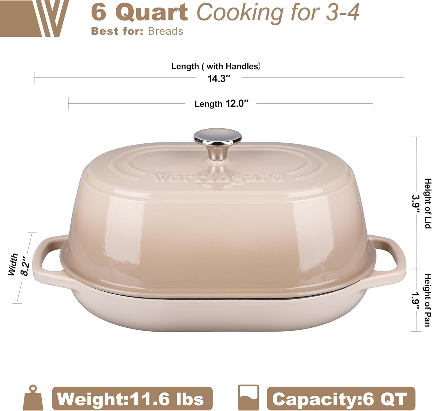 VORRINGARD Enameled Cast Iron Dutch Oven Pot with Dome Lid, Oval Bread Oven for Homemade Sourdough Bread Baking, Oven Safe up to 500°F, 6 Quart, Latte