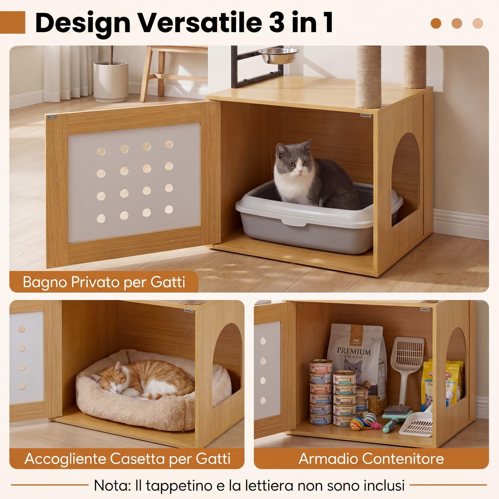 COSTWAY Mobile Lettiera Gatti Multilivello, Albero Tiragraffi per Toilette Nascosta in Legno, con Ciotola, Cuccia, Piattaforme di Attività, Tiragraffi e Giocattoli, 73 x 43 x 117,5 cm (Naturale)