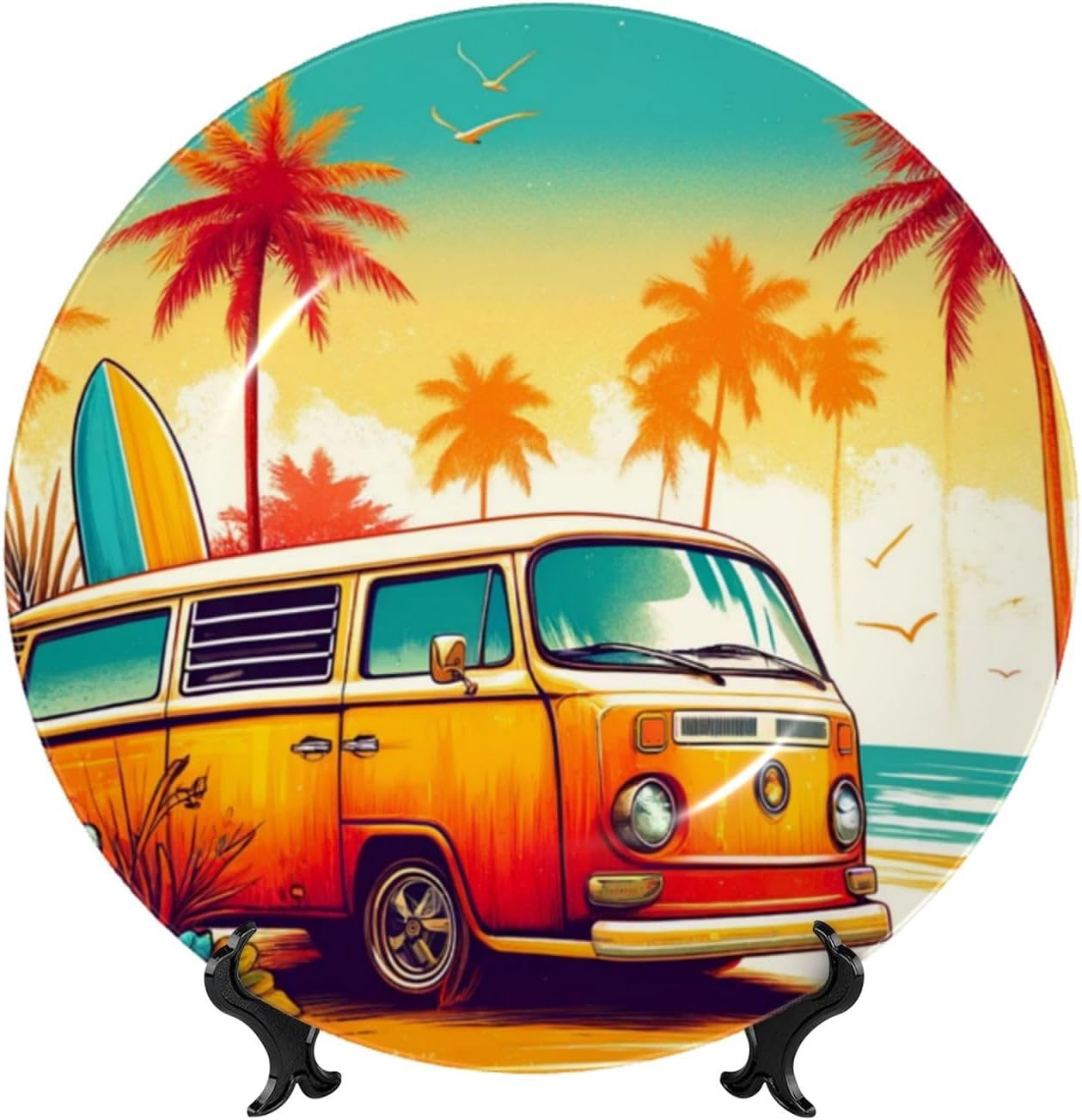 Surfboard-Palm-Trees-Sunset 10 Inch Decorative Plate With Stand, Elegant Display Wall Plate For Home Decor