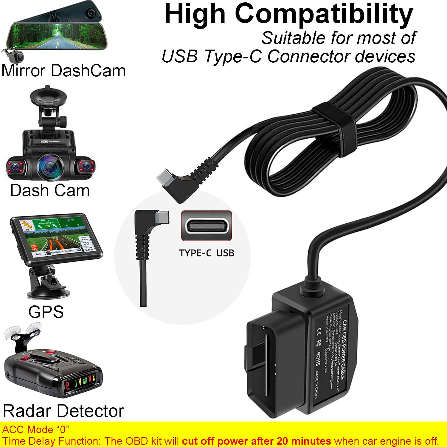 OBD2 Dash Cam Hardwire Kit Parking Mode USB Type C OBD Charger | OBD2 Power Cable, 12-24V to 5V/3A, Low Voltage Protection, 24h Parking Surveillance/ACC Mode, For Dashcam, GPS or Radar thumbnail