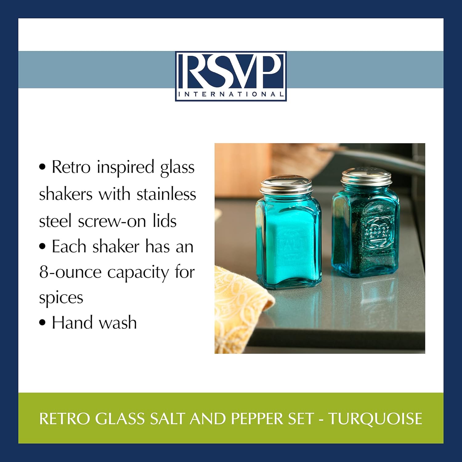 RSVP International Retro Glass Salt & Pepper Shaker | Stainless Steel Lids |, 8 oz, Turquoise: Home & Kitchen