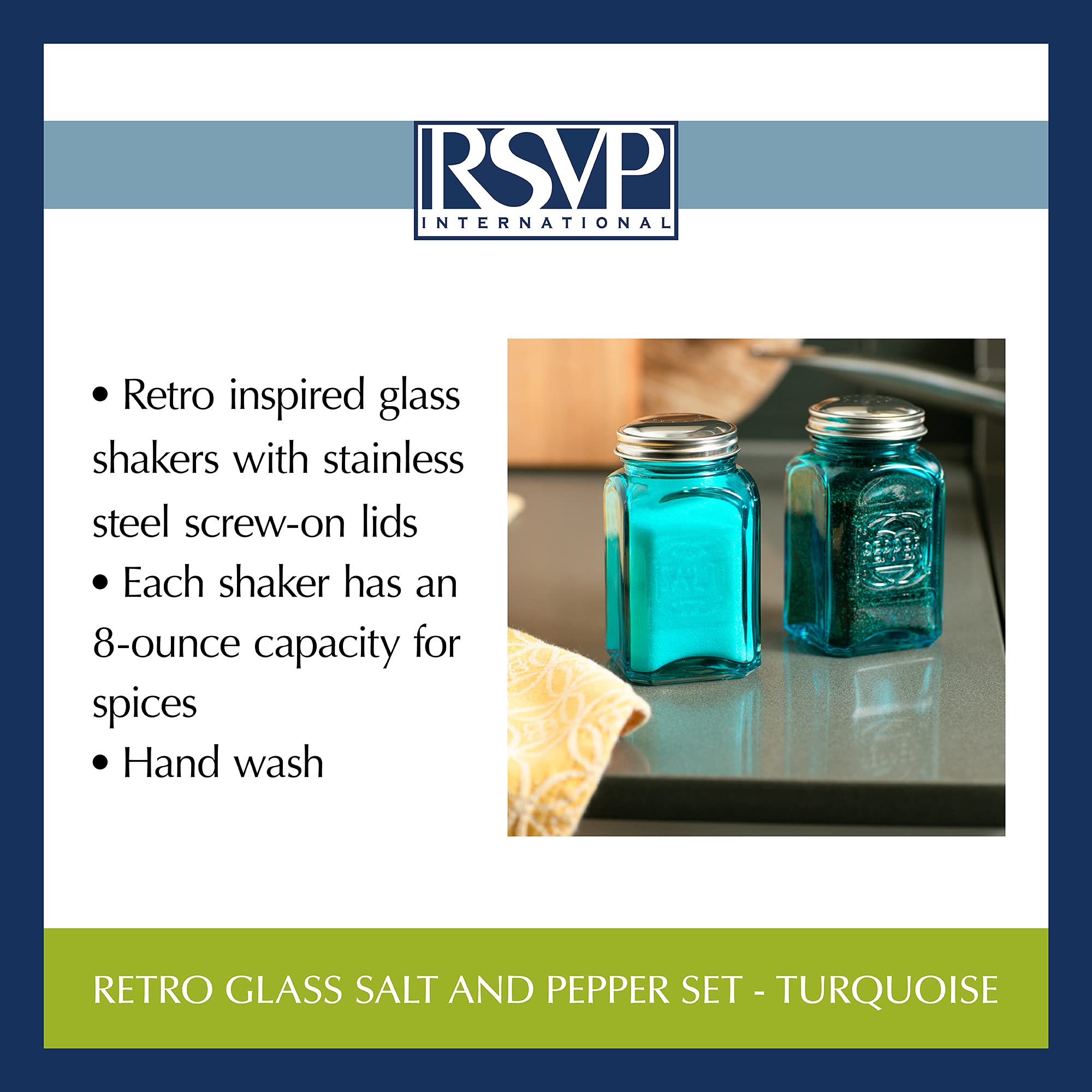 RSVP International - Salero y pimentero de cristal retro de 8 onzas, color turquesa | tapas de acero inoxidable |, 14 oz
