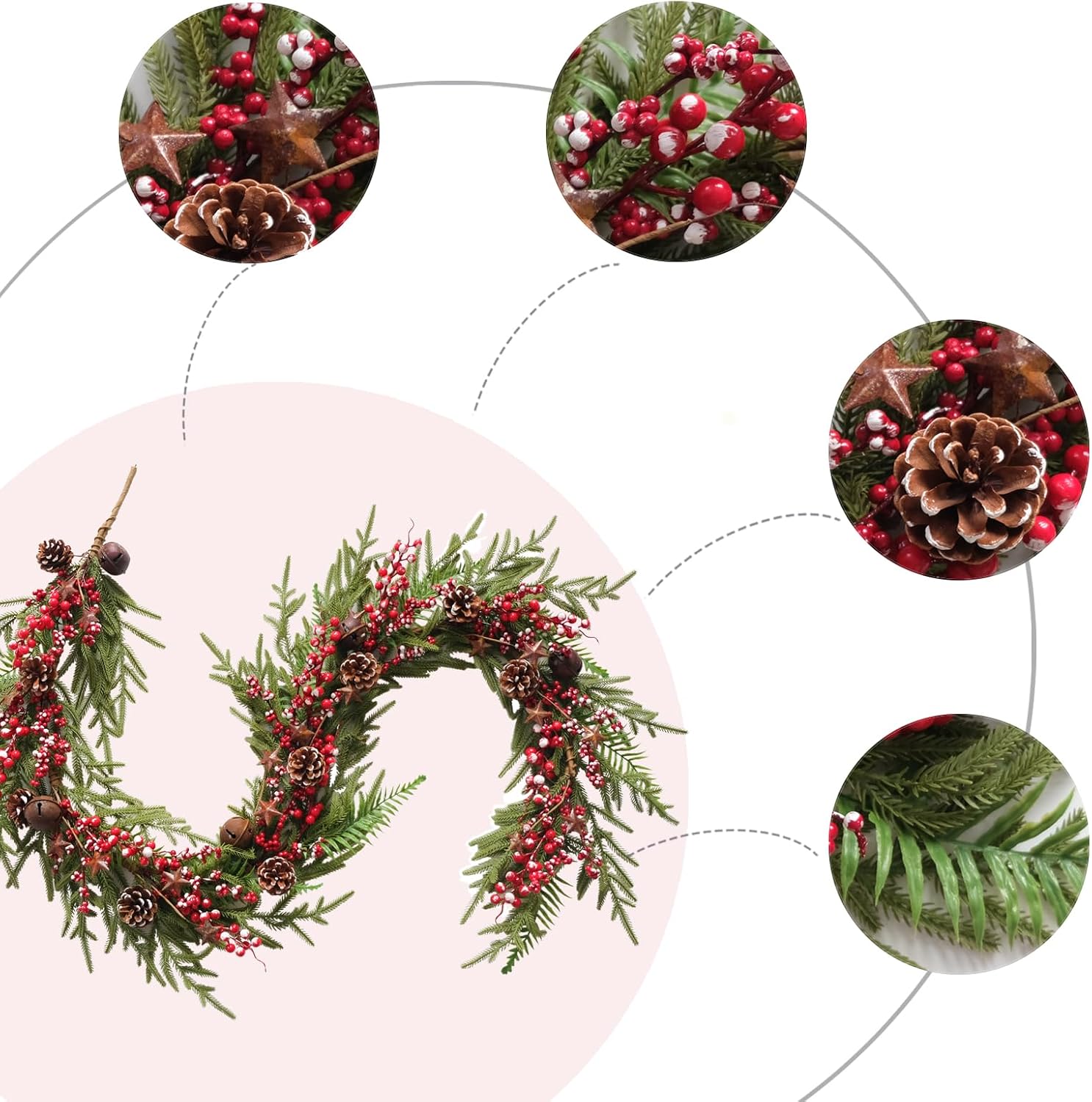 idyllic 6 Ft Realistic Christmas Garland- Dense Pine with Pine Cones Berries Metal Stars Bells Artificial Garland Ornament for Christmas Holiday Stair Mantle Fireplace Table Home Decor - Image 2