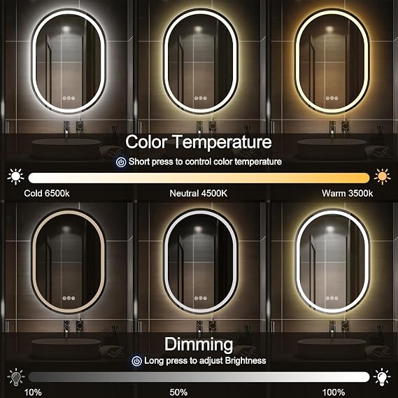 LED Bathroom Mirror 50×70cm Bluetooth Backlit Smart Mirror | Oval Smart Vanity Mirror dimmable lighting anti fog Bluetooth speaker waterproof design for bathroom makeup skincare bedroom
