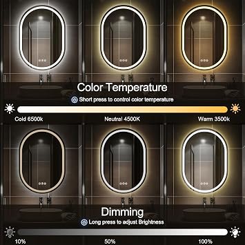 LED Bathroom Mirror 50×70cm Bluetooth Backlit Smart Mirror | Oval Smart Vanity Mirror dimmable lighting anti fog Bluetooth speaker waterproof design for bathroom makeup skincare bedroom