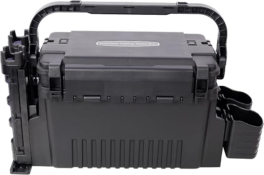 11L Waterproof Fishing Tackle Box with Rod Holders - 2 Layer Portable Tool Box Organizer Outdoor Storage Box with Adjustable Compartments & Carry Strap Black