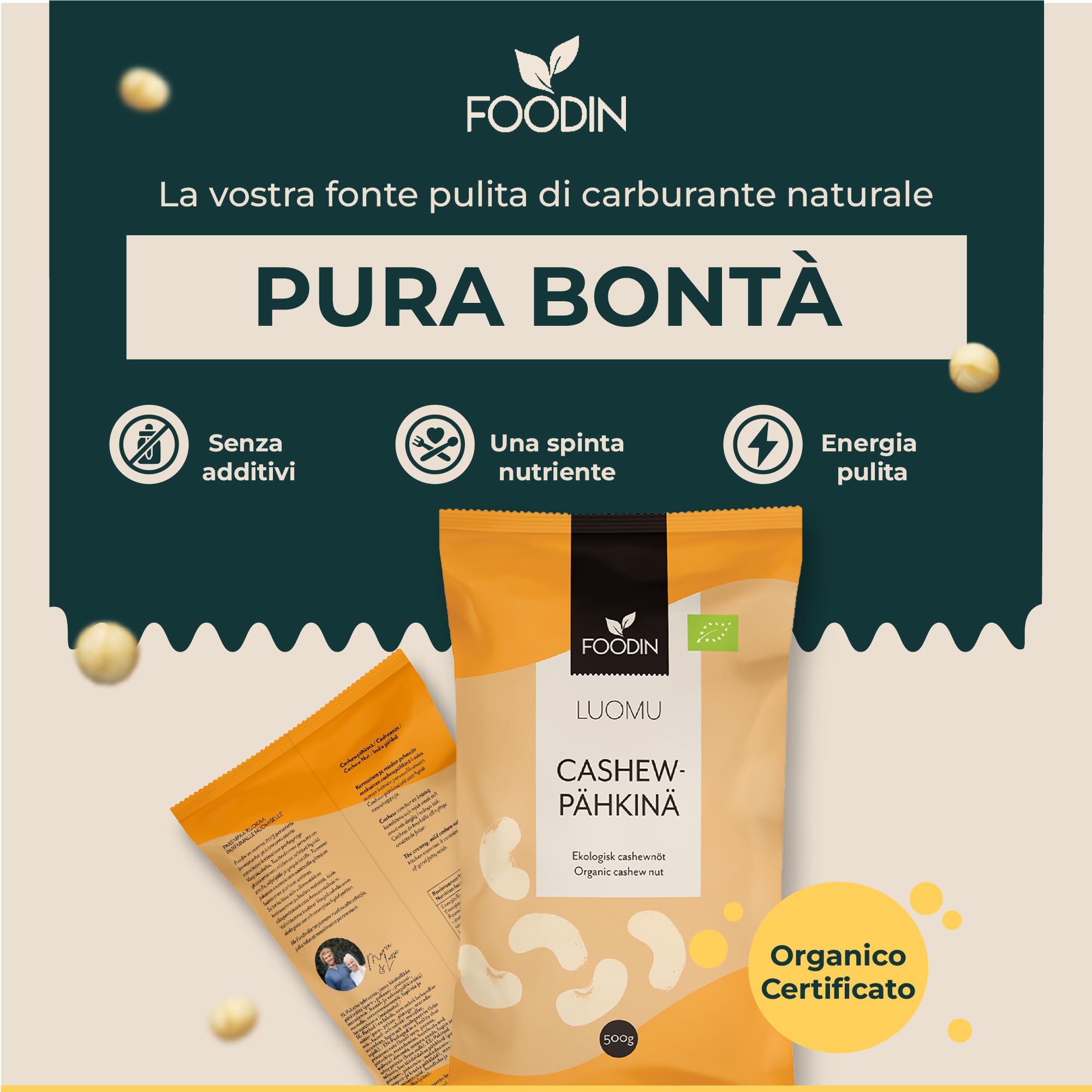 FOODIN Anacardi Biologici, 2x500g anacardi interi, buona fonte di proteine e grassi insaturi, 100% da agricoltura biologica, snack senza glutine e vegano, (2x500g)