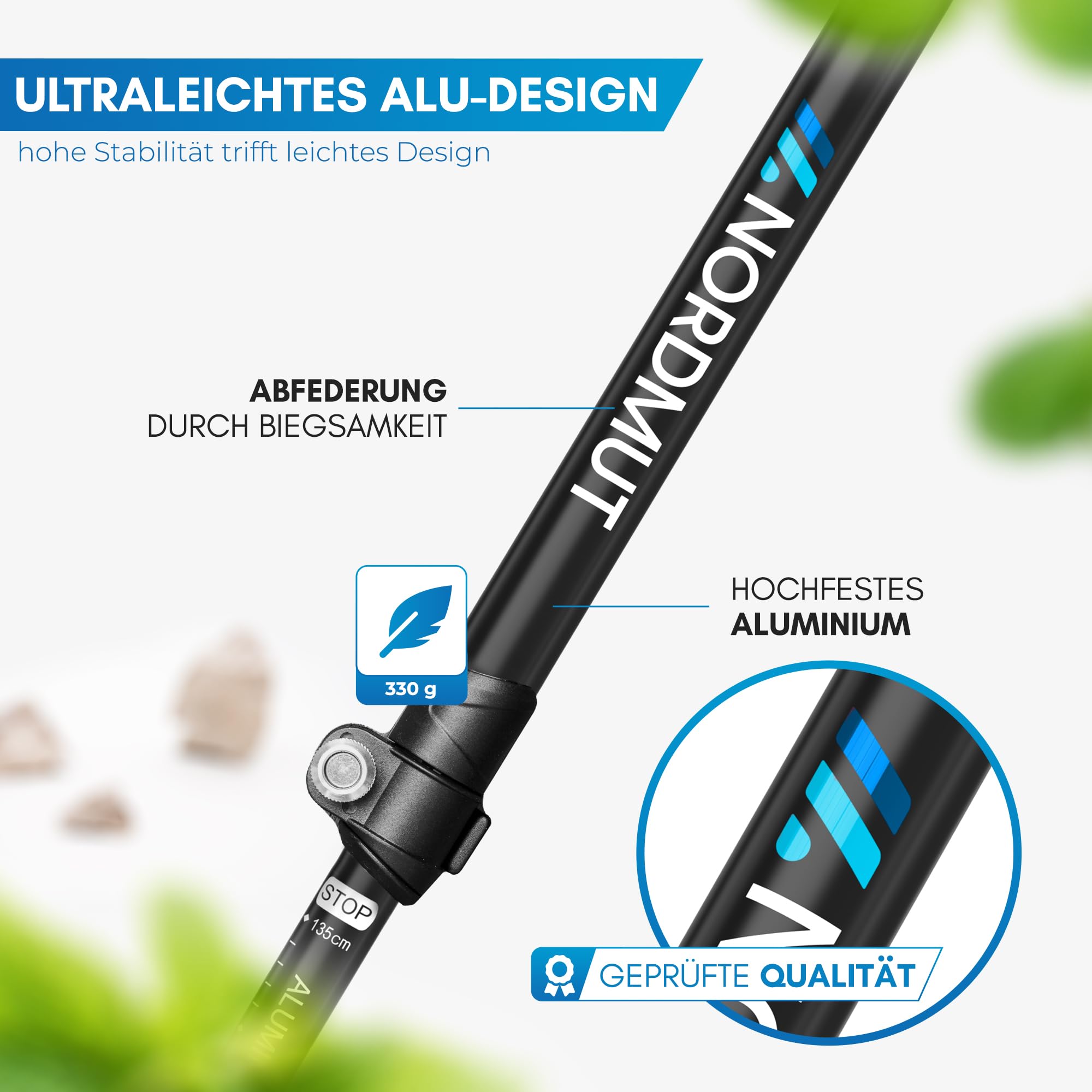 NORDMUT® Wanderstöcke Teleskop aus stabilen Aluminium oder Carbon - Leichte Nordic Walking Stöcke Damen und Herren - Komfortable Korkgriffe mit Eva-Schaum Verlängerung