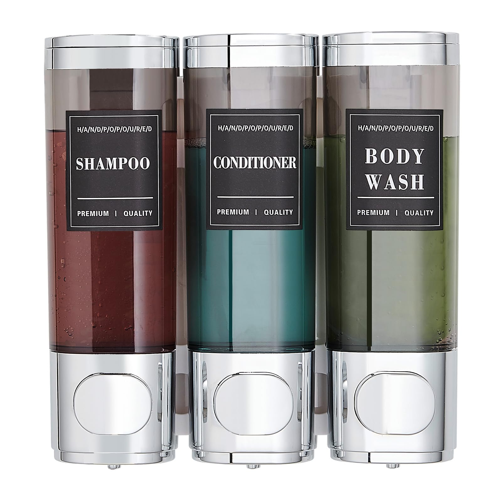 Dispensador de Jabón de Ducha 3 Recipientes, Sin Taladro – Dosificador para Champú, Acondicionador y Gel de Ducha de Gran Capacidad (3x300ml, Plata) para Baño, Cocina,Hotel Plateado 3 Cámaras Global Recycled Standard Global Recycled Standard Global Recycled Standard