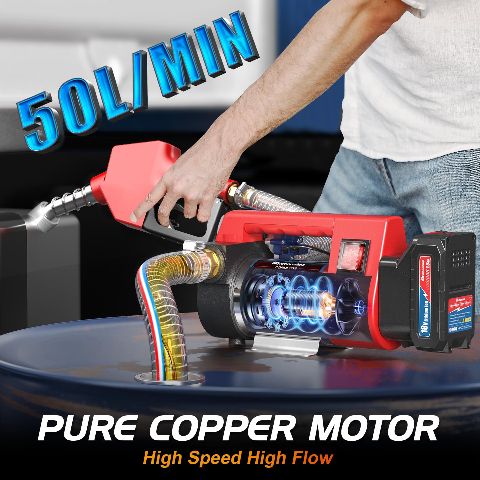 Mxmoonant Kit Pompa di Trasferimento Diesel Elettrica a Batteria, Autoadescante, 50L/Min, 260W, 4Kg, con 2 Batterie al Litio da 2000mAH, Ugello, Tubo Flessibile, per Diesel, Cherosene