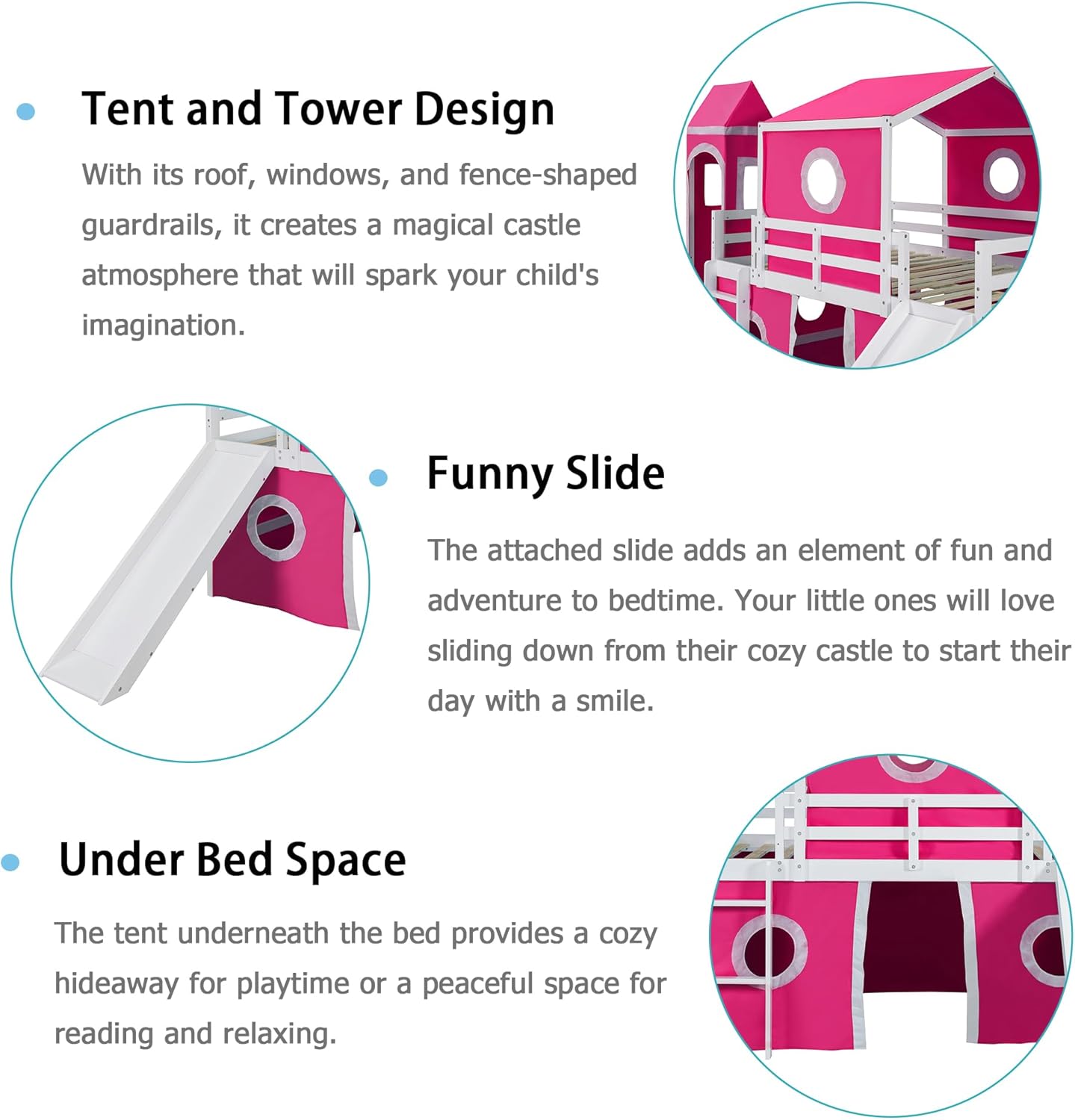 Close-up of the tent and tower design of the Polibi Loft Bed