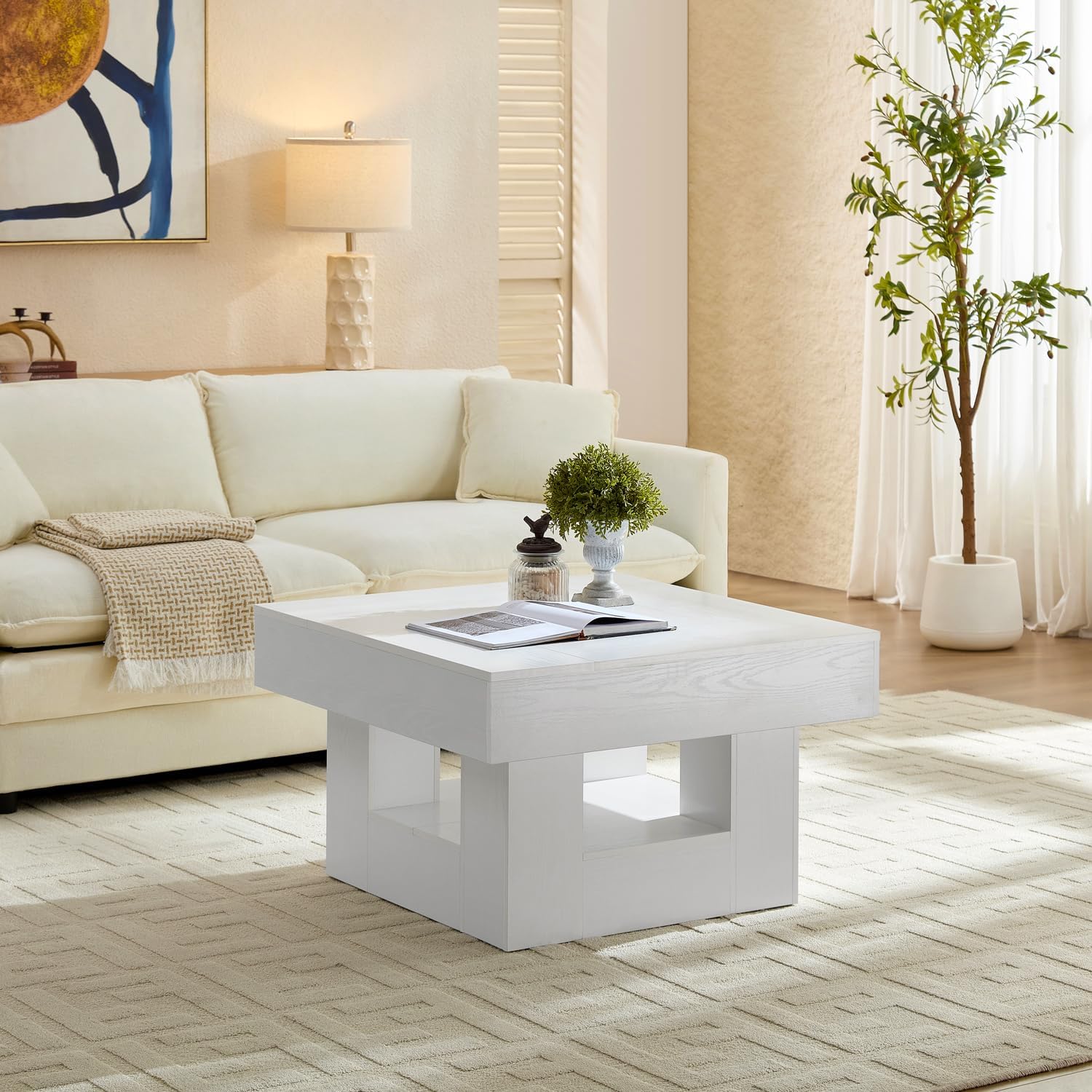 Modern Coffee Table for Living Room, Wood Living Room Table with Sturdy Wooden Legs, Easy Assembly, 31.5" W x 31.5" D-White
