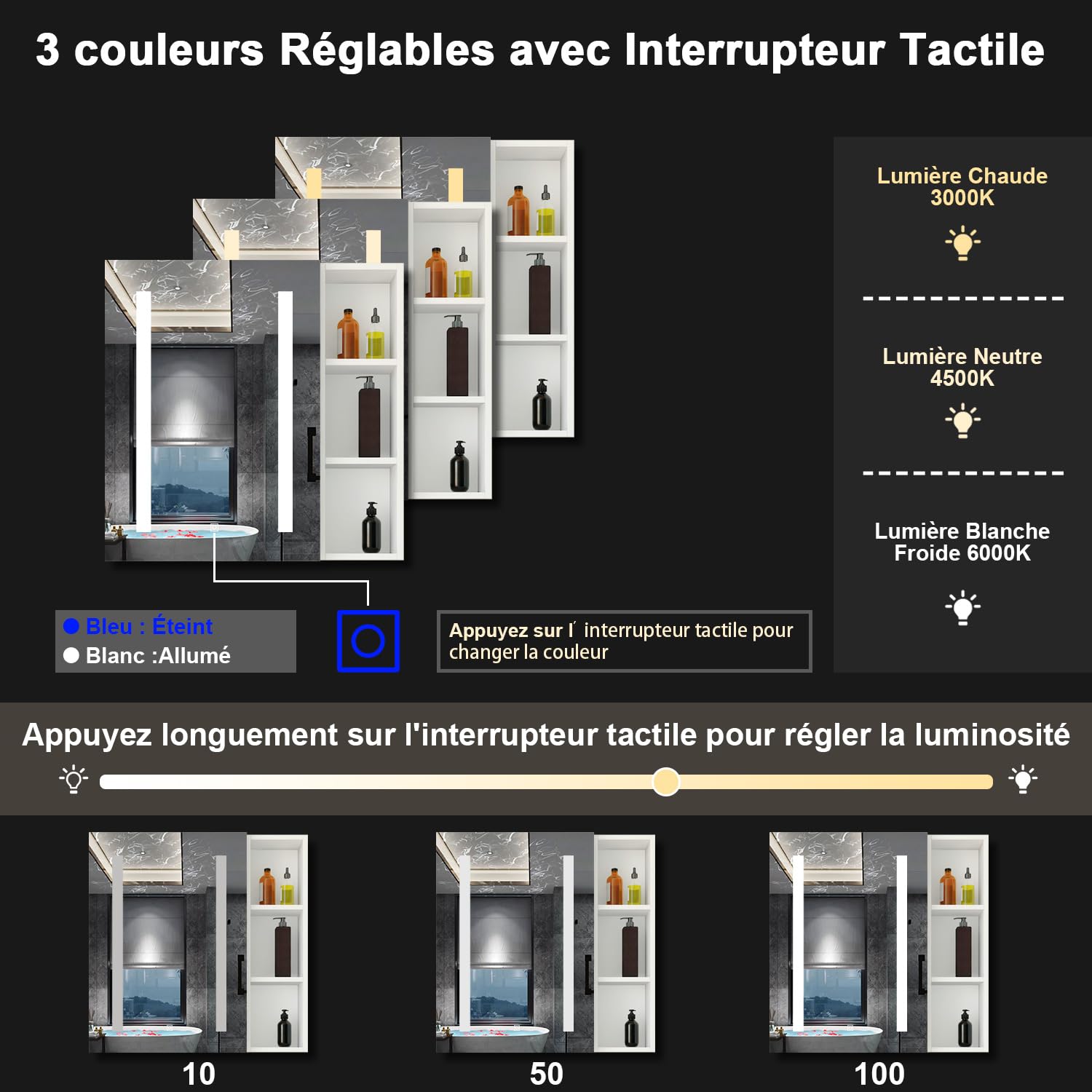 AICA Armoire de Toilette avec Miroir LED et Étagère Latérale, Anti-Buée, Éclairage 3 Couleurs + Prise, Blanc 60x70 cm