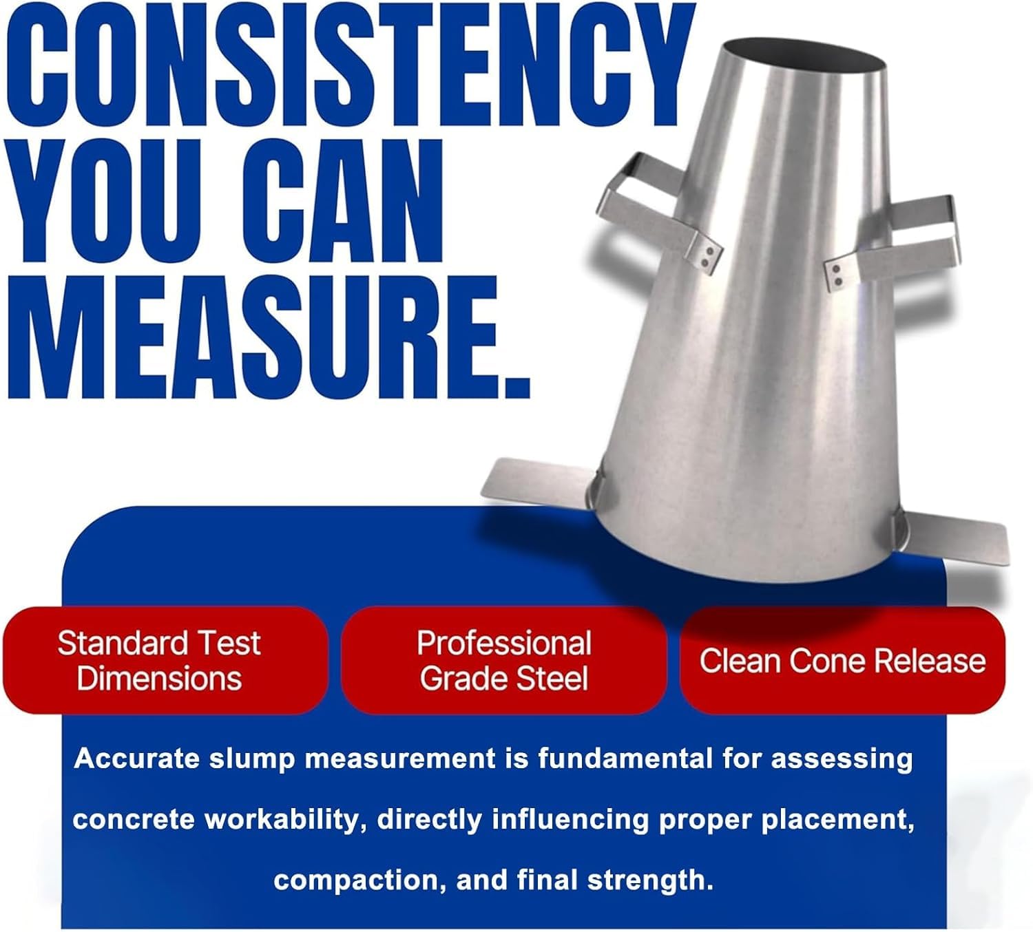 Kit per la Prova di consistenza del calcestruzzo con Cono, Attrezzatura Industriale in Acciaio per la Prova di consistenza del Cono con Asta di compattazione, Righello e Piastra di Base